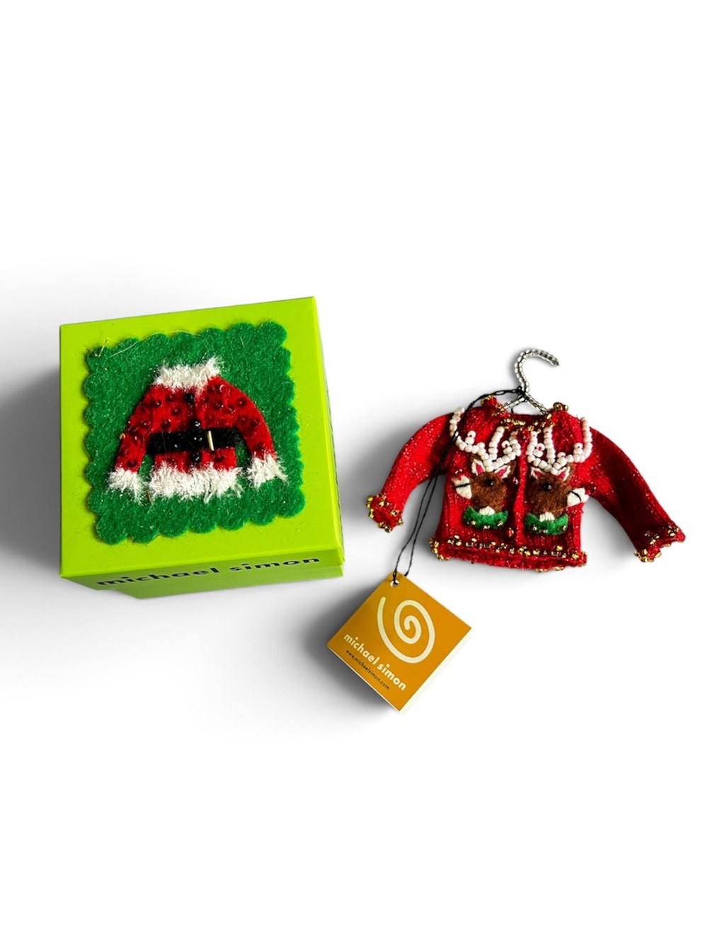 Vintage Michael Simon Mini Christmas Sweater Ornament - Reindeer Red